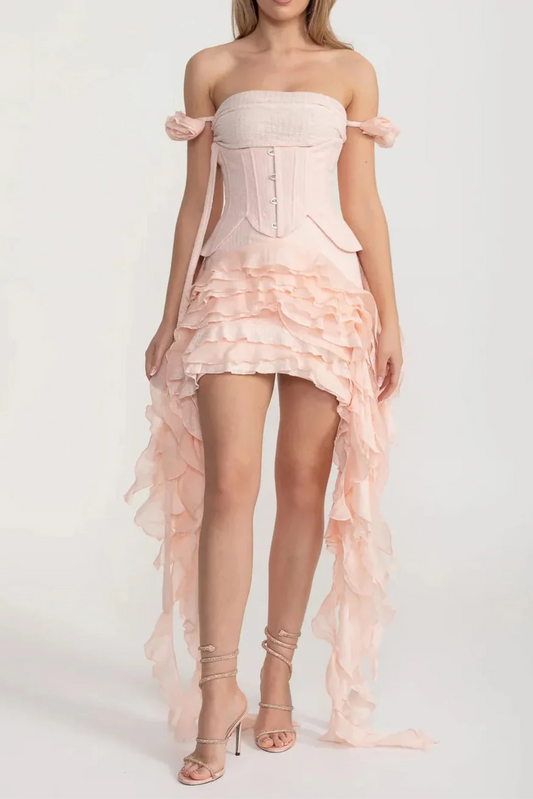 Vintage Inspired Corset Dress With Ruched Bustier And Flowing Ruffled Side Details - Pink