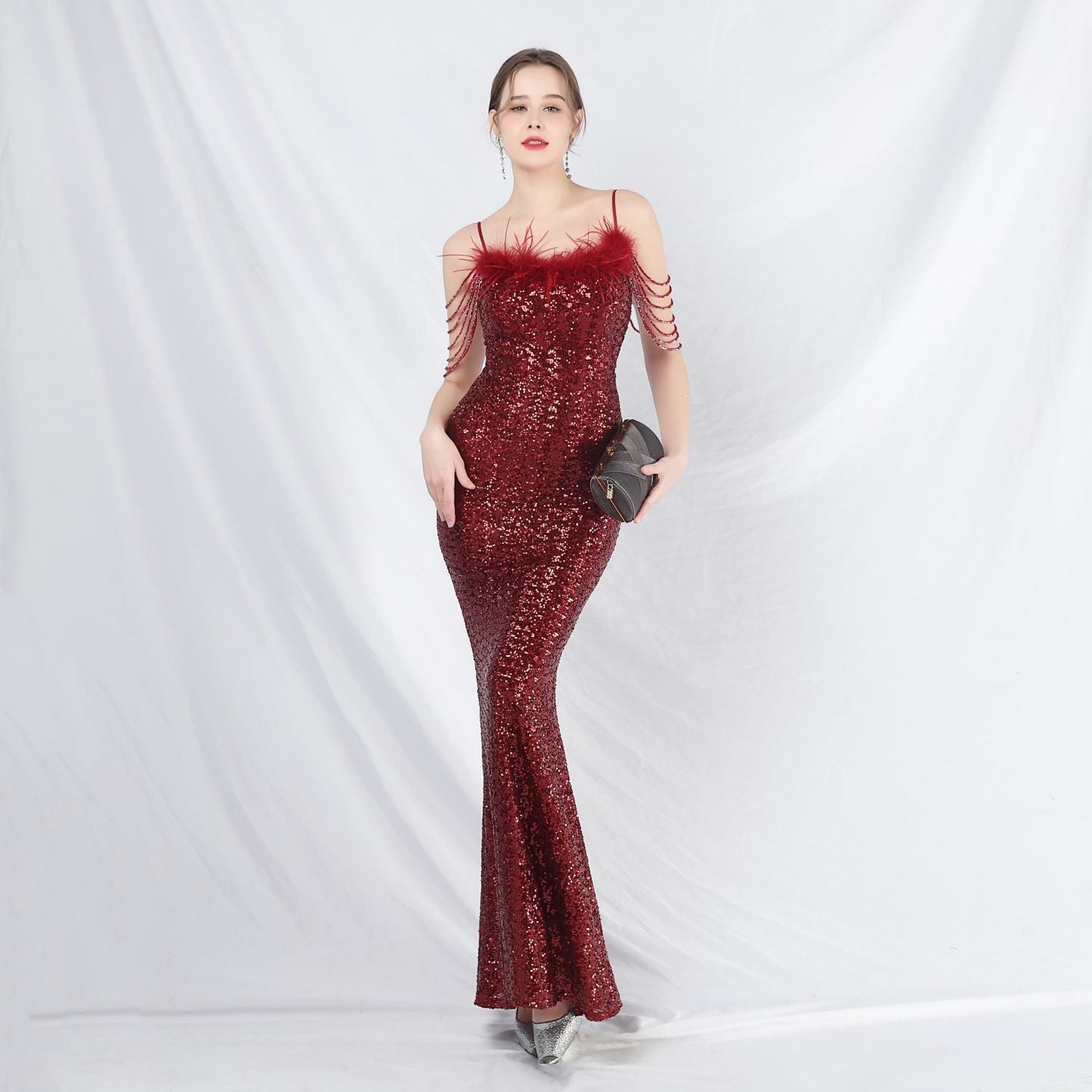 Ostrich Fur Illusion Beaded Formal Dress