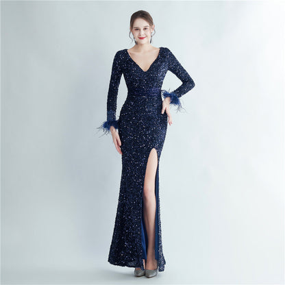 Split Long Sleeve Sequin Formal Dress