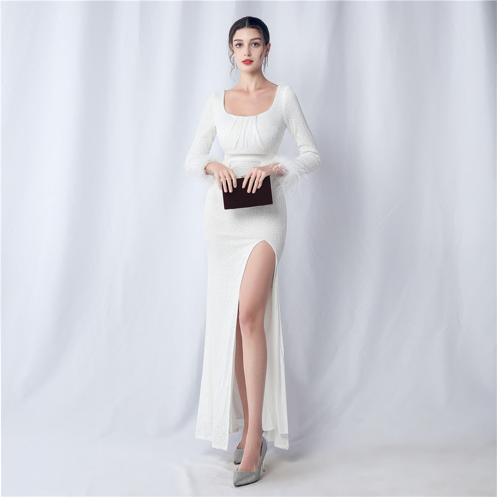 Ostrich Fur Long Sleeve Formal Dress