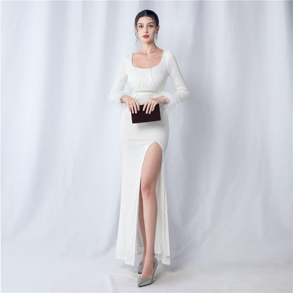 Ostrich Fur Long Sleeve Formal Dress