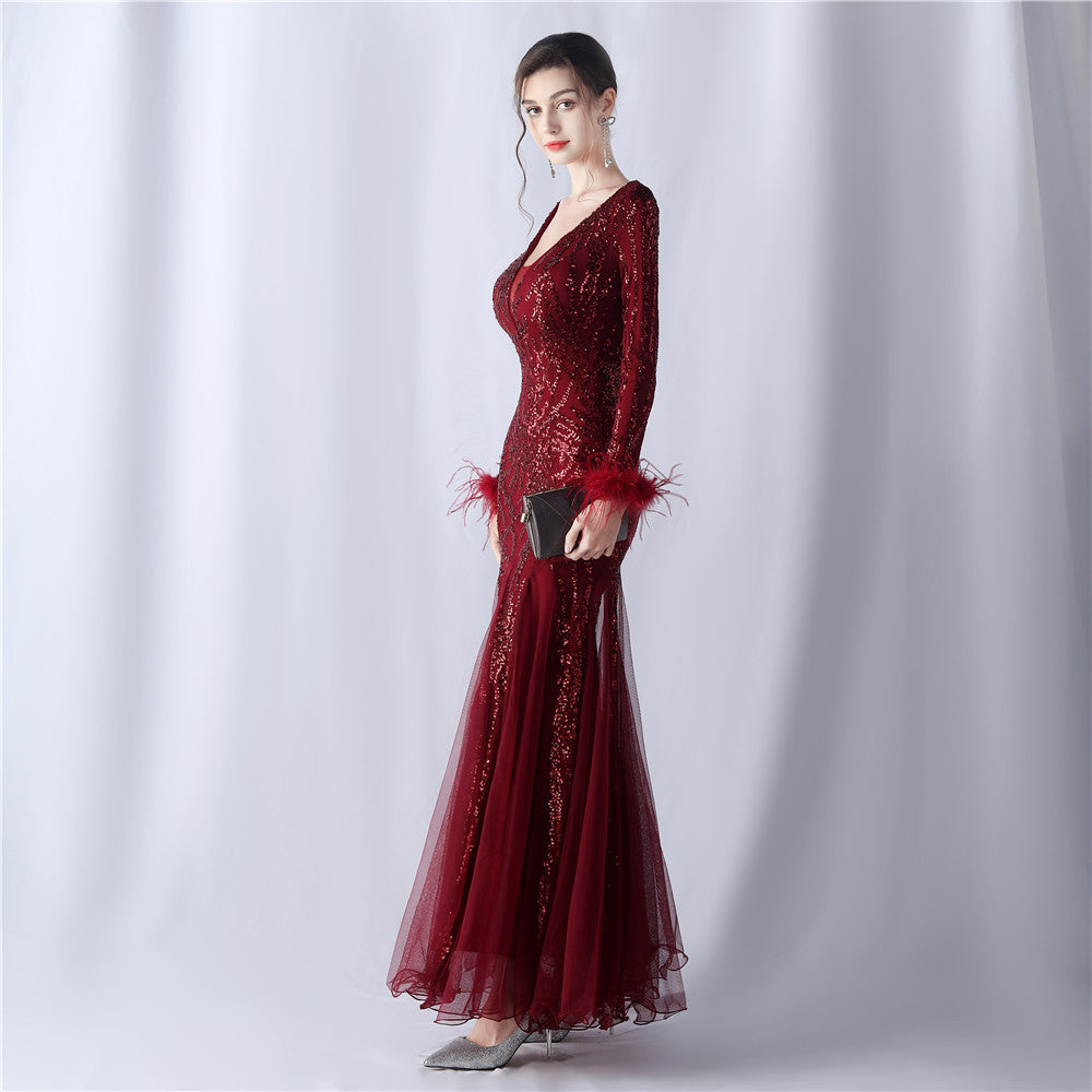 Ostrich Fur Mesh Beaded Formal Dresses