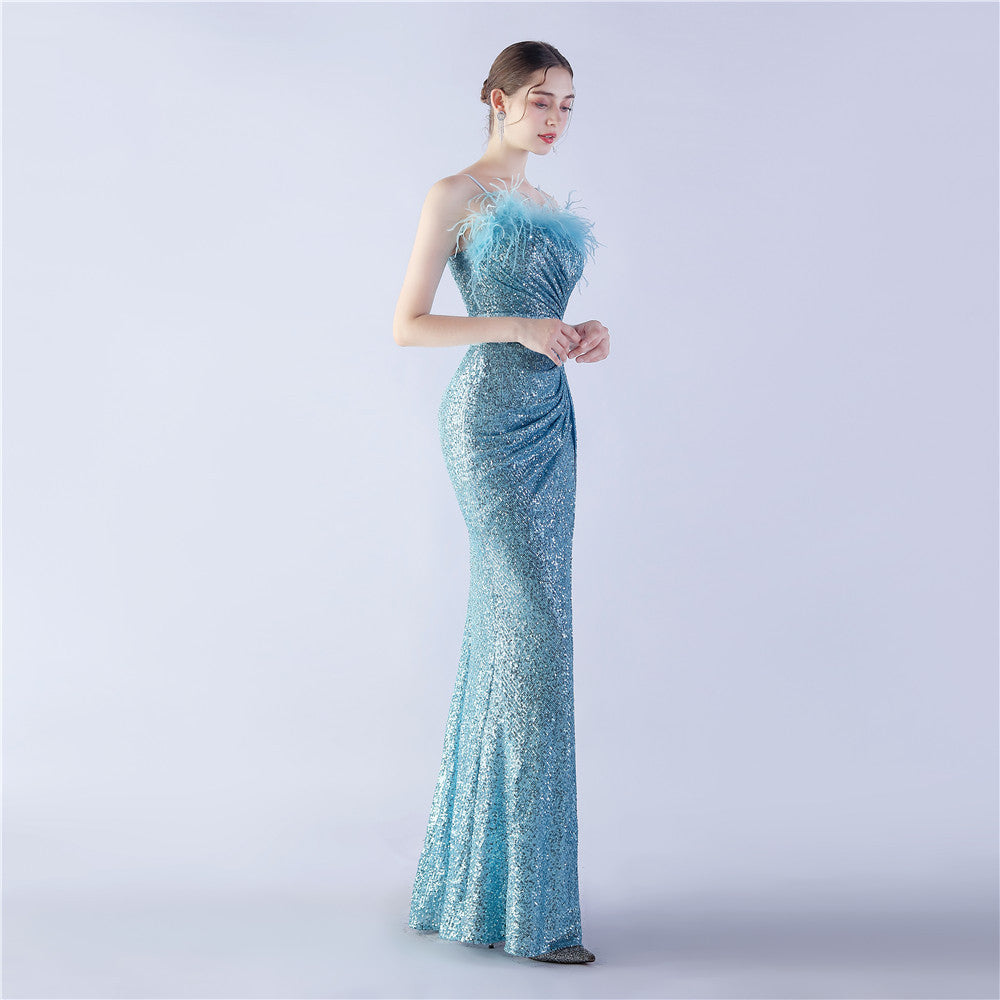 Ostrich Beaded Side Split Formal Dress
