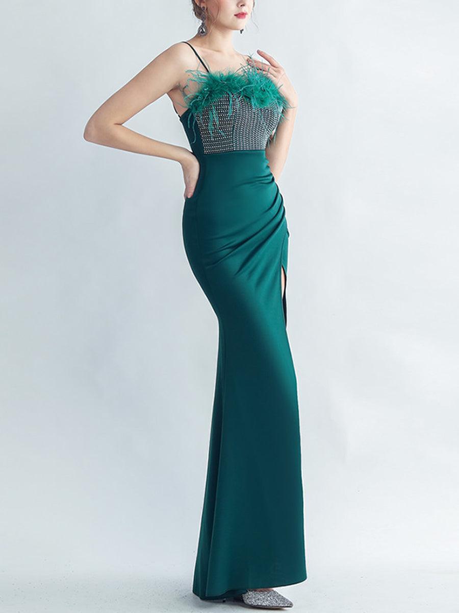 Feather Spaghetti Rhinestone Formal Dress
