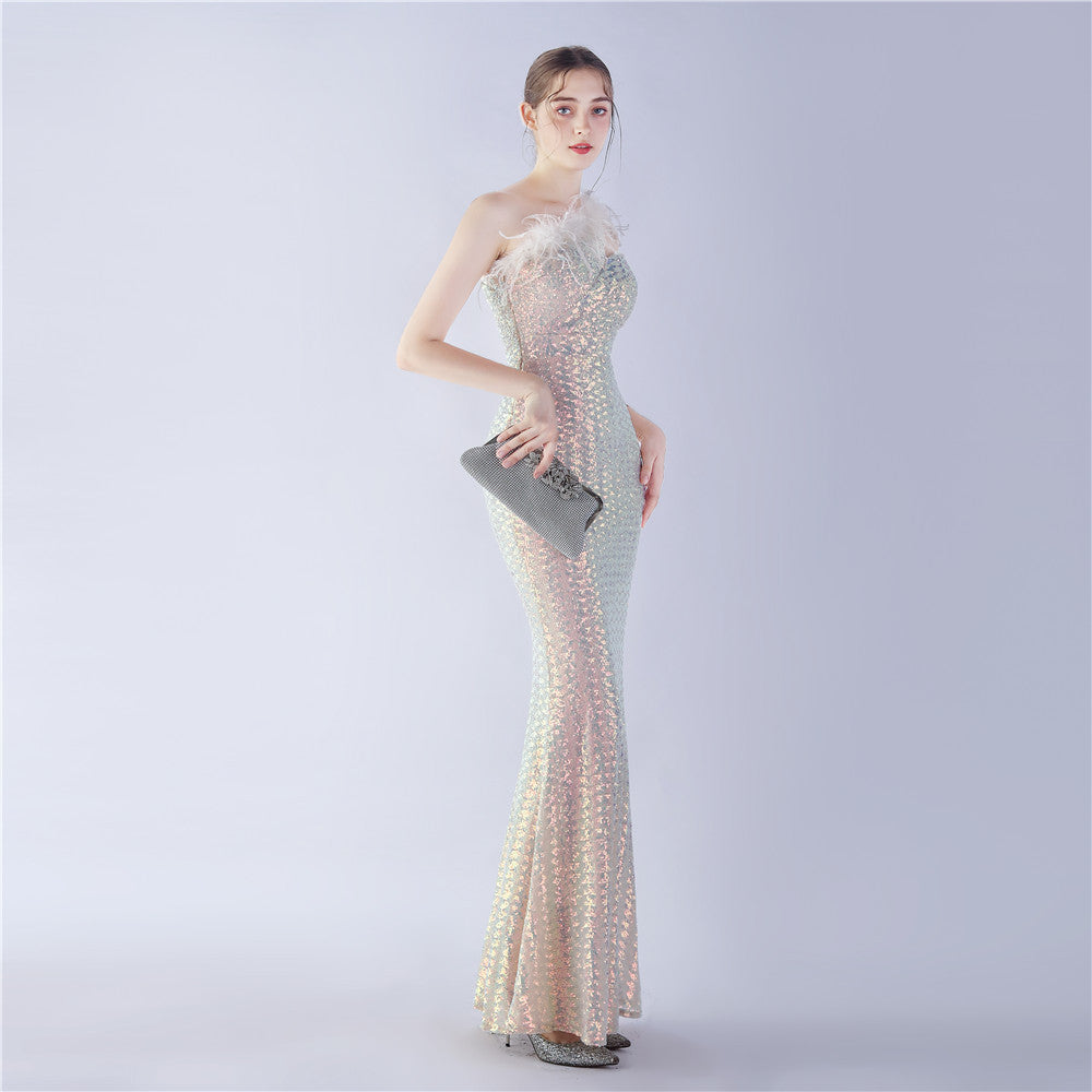 Ostrich Fur One-Shoulder Slant Neck Beaded Maxi Formal Dress