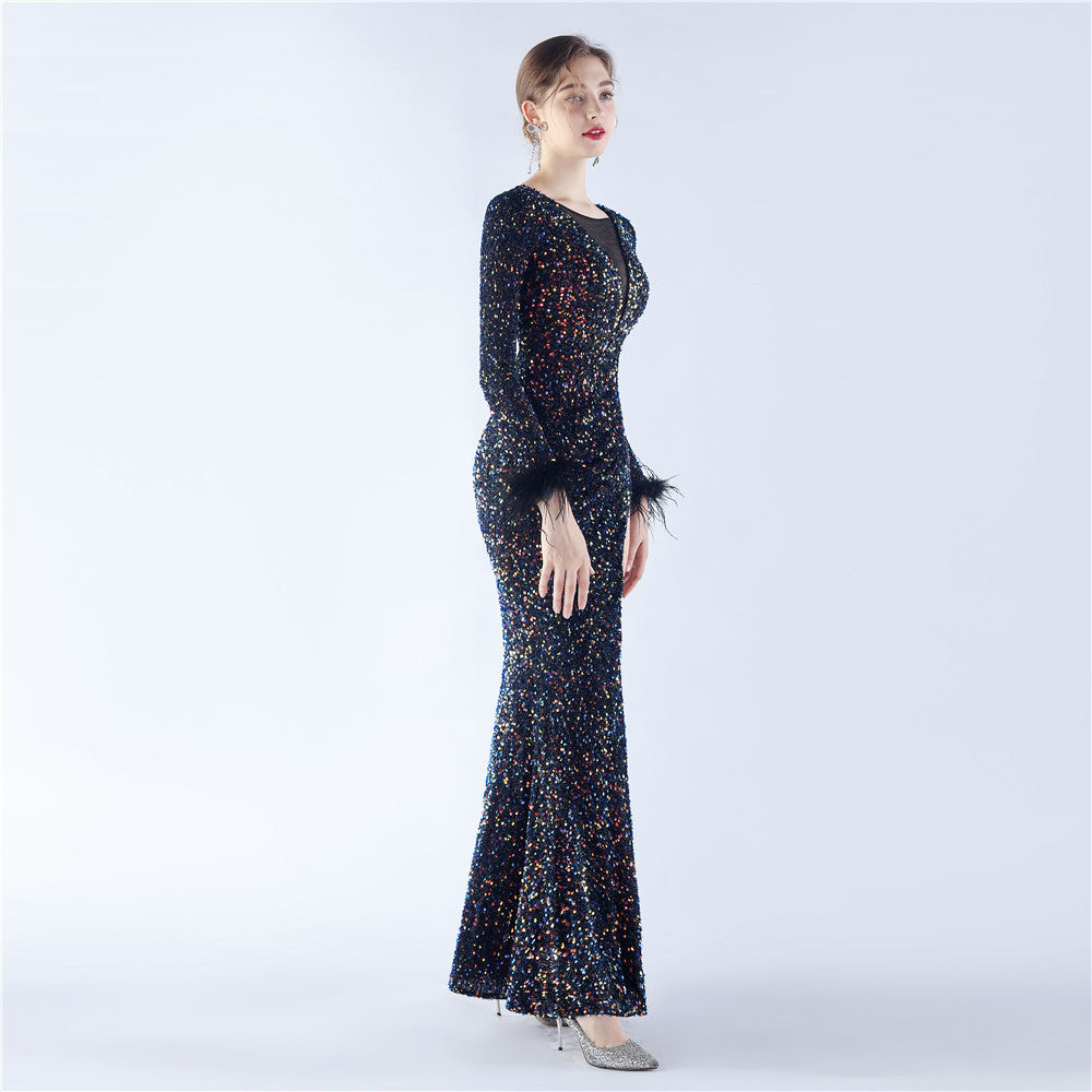 Ostrich Fur Long Sleeve Formal Dress