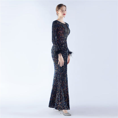 Ostrich Fur Long Sleeve Formal Dress