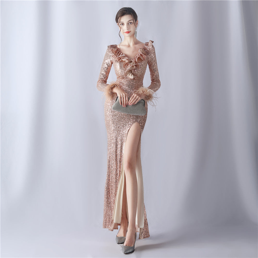 Ostrich Wave Beaded Formal Dress