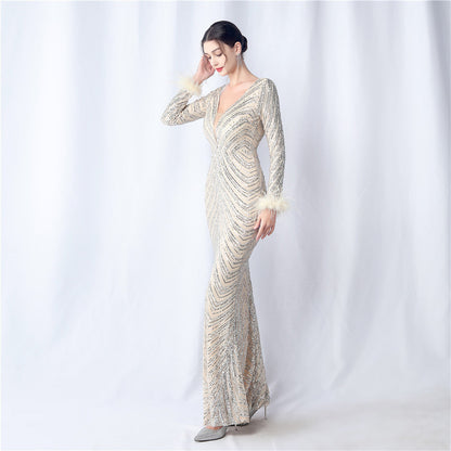 Ostrich Fur Long Sleeve Formal Dress