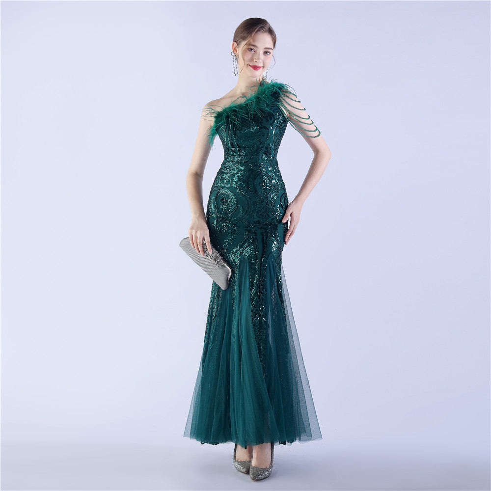 Beaded and Ostrich Fur Sequined Formal Dress