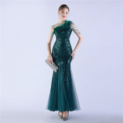 Beaded and Ostrich Fur Sequined Formal Dress