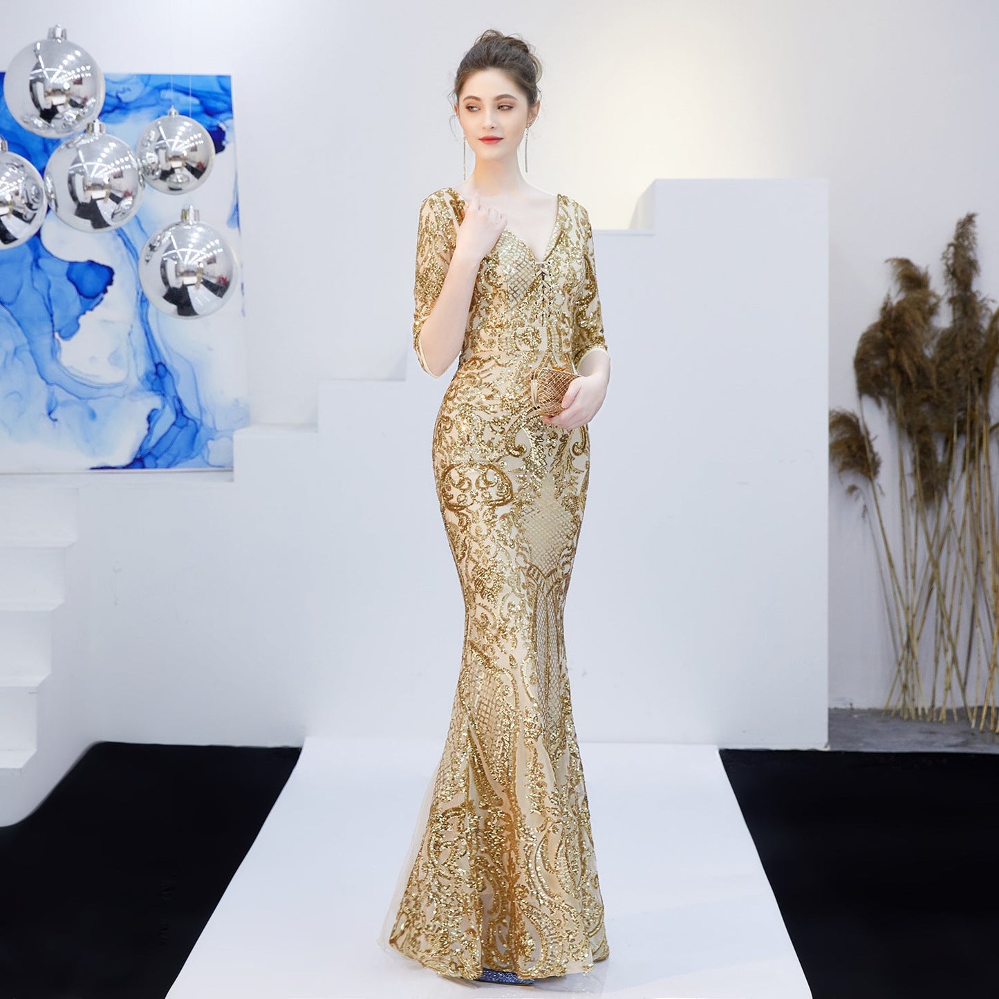 Neck Sequin Formal Dress