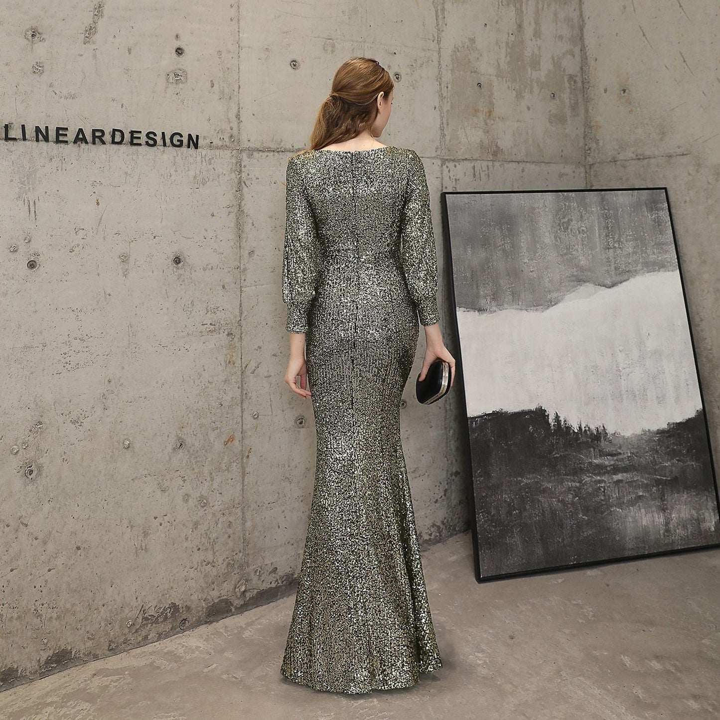 Sleeve Sequin Formal Dress