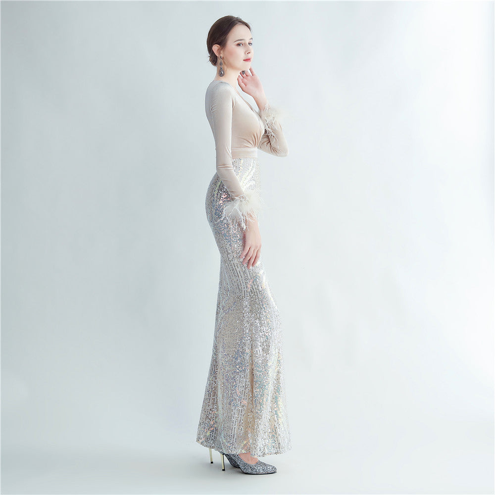 Ostrich Beaded Velvet Side Split Formal Dress