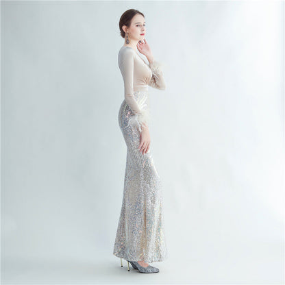 Ostrich Beaded Velvet Side Split Formal Dress