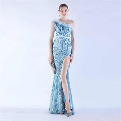Fur Slant Neck One Shoulder Formal Dress