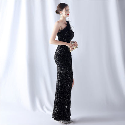 Ostrich Velvet Bottom One Shoulder Formal Dress
