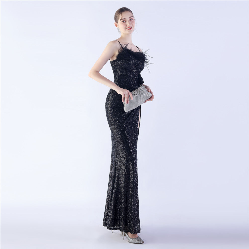 Fur Crafted Flower Formal Dress