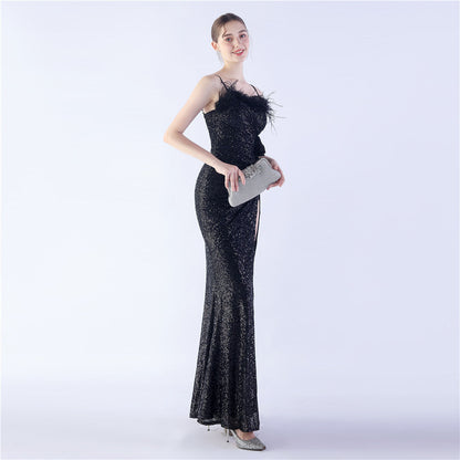 Fur Crafted Flower Formal Dress