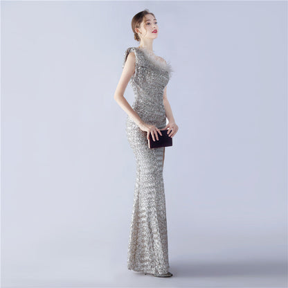 Fur Sequin One Shoulder Formal Dress