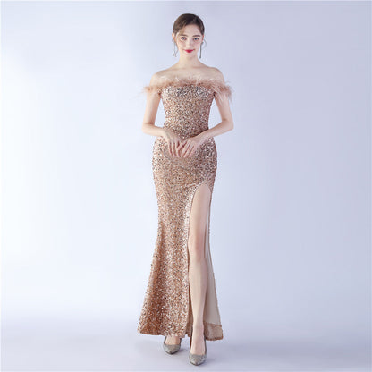 Fur One Shoulder Formal Dress