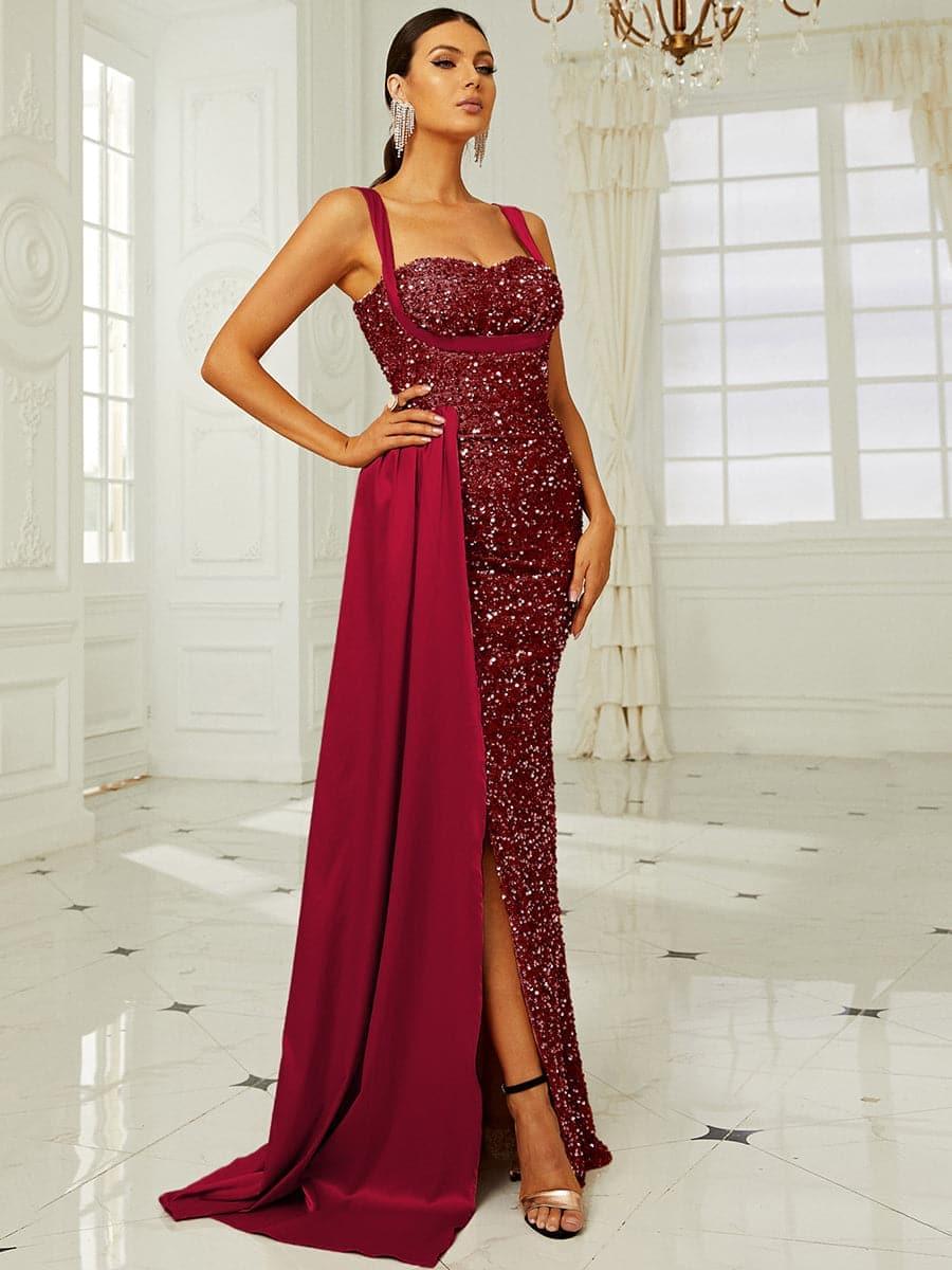 Ribbon Corset Sequin Maxi Prom Dress