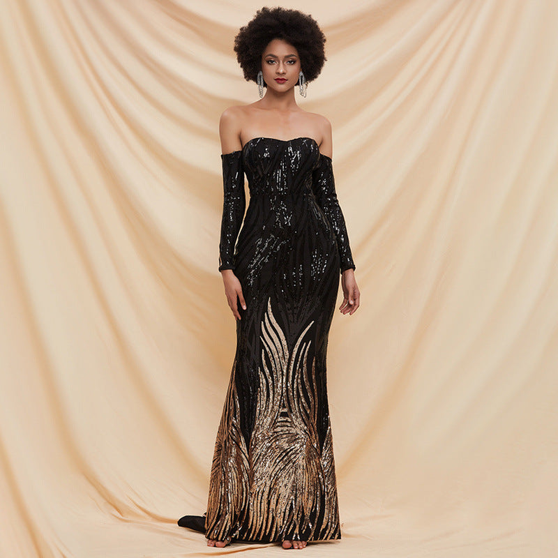 lily gold sequin detail black strapless maxi dress