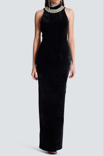 embroidered velvet halterneck maxi dress in black