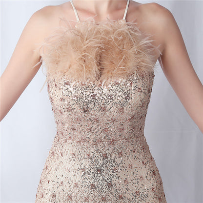 Camel hair and lattice beaded formal dresses