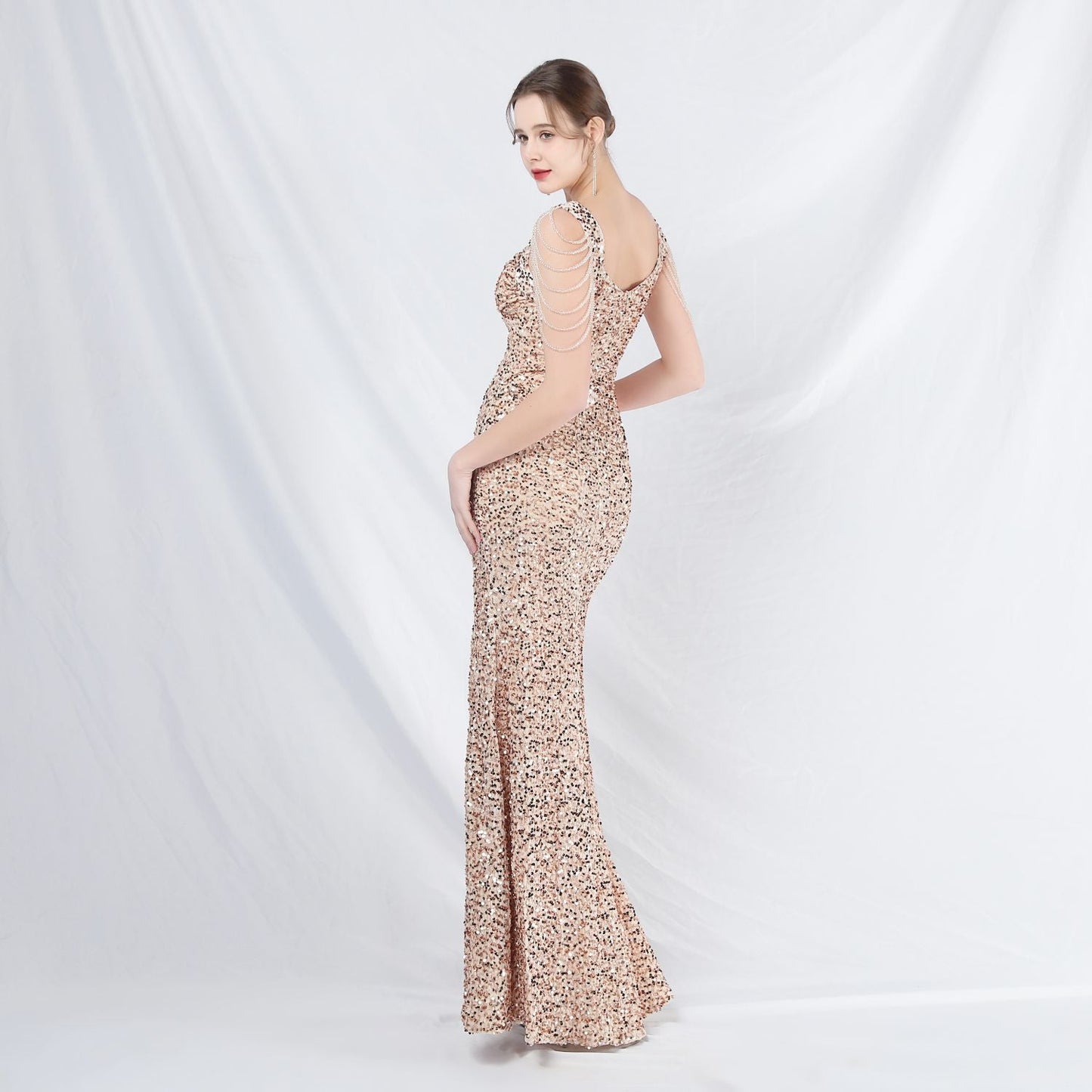 ベルベット裏地ビーズ付きフォーマルドレス