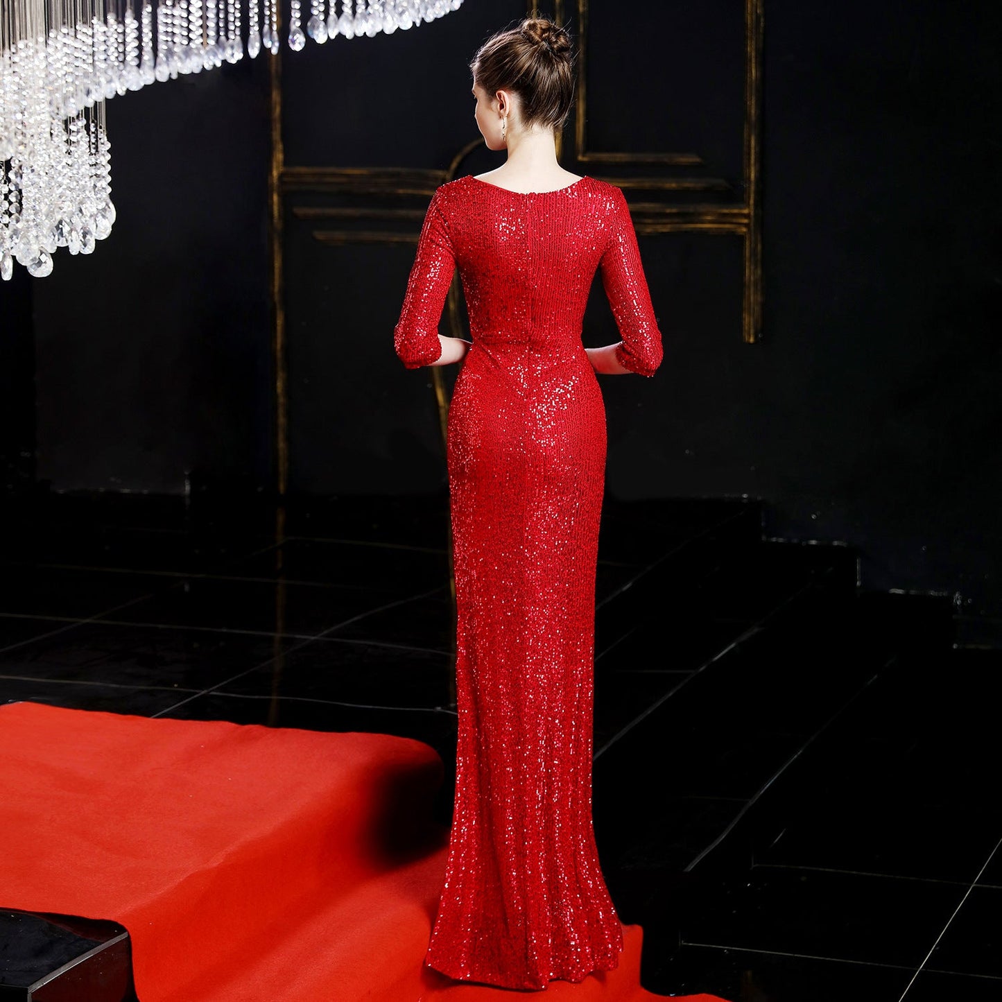 Long Sleeve Sequin Fishtail Formal Dress