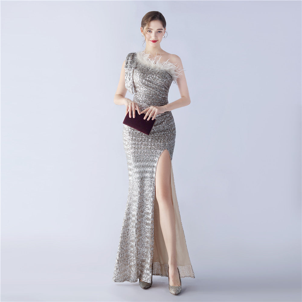 Fur Sequin One Shoulder Formal Dress