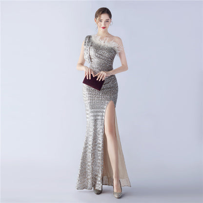 Fur Sequin One Shoulder Formal Dress