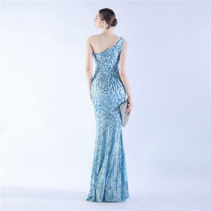 Fur Slant Neck One Shoulder Formal Dress