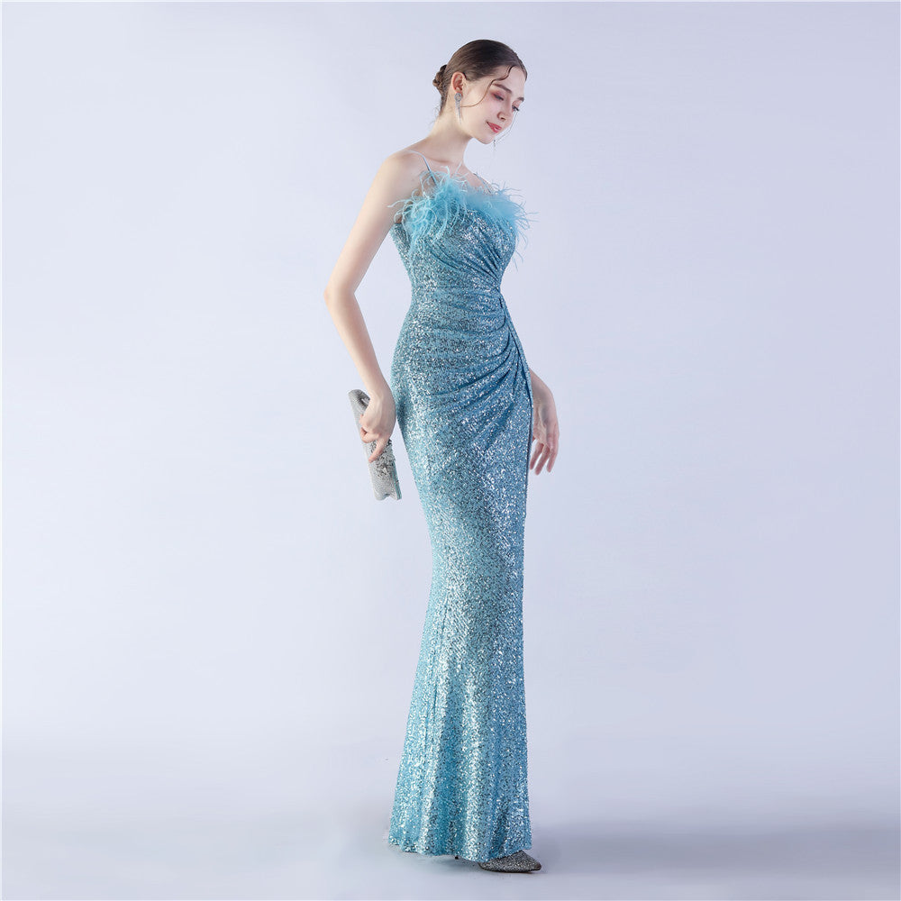 Ostrich Beaded Side Split Formal Dress