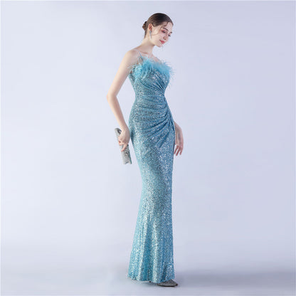 Ostrich Beaded Side Split Formal Dress