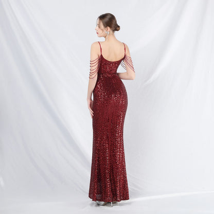 Ostrich Fur Illusion Beaded Formal Dress