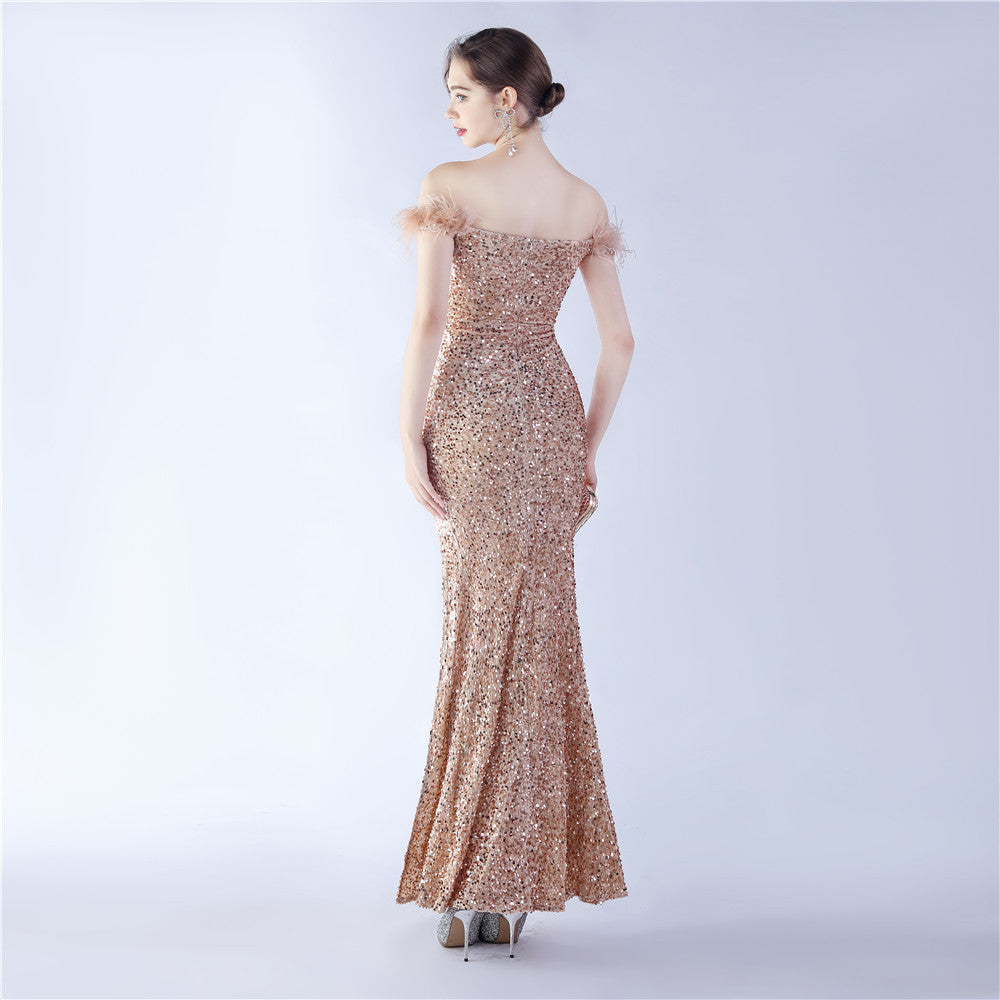 Fur One Shoulder Formal Dress