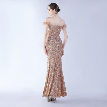 Fur One Shoulder Formal Dress