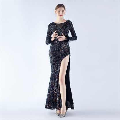 Ostrich Fur Long Sleeve Formal Dress