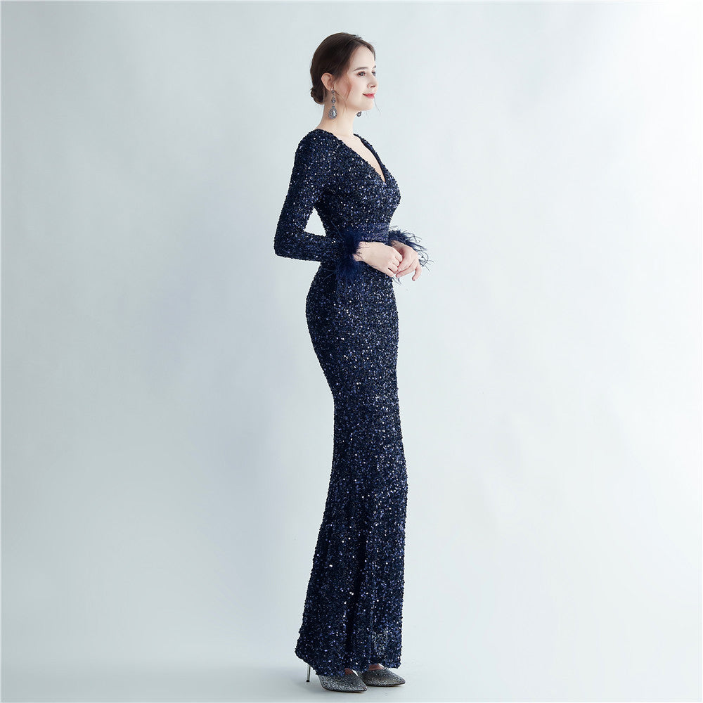 Split Long Sleeve Sequin Formal Dress