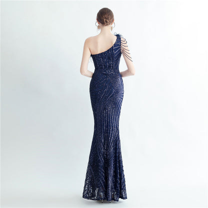 Fur Layered Beaded Formal Dress