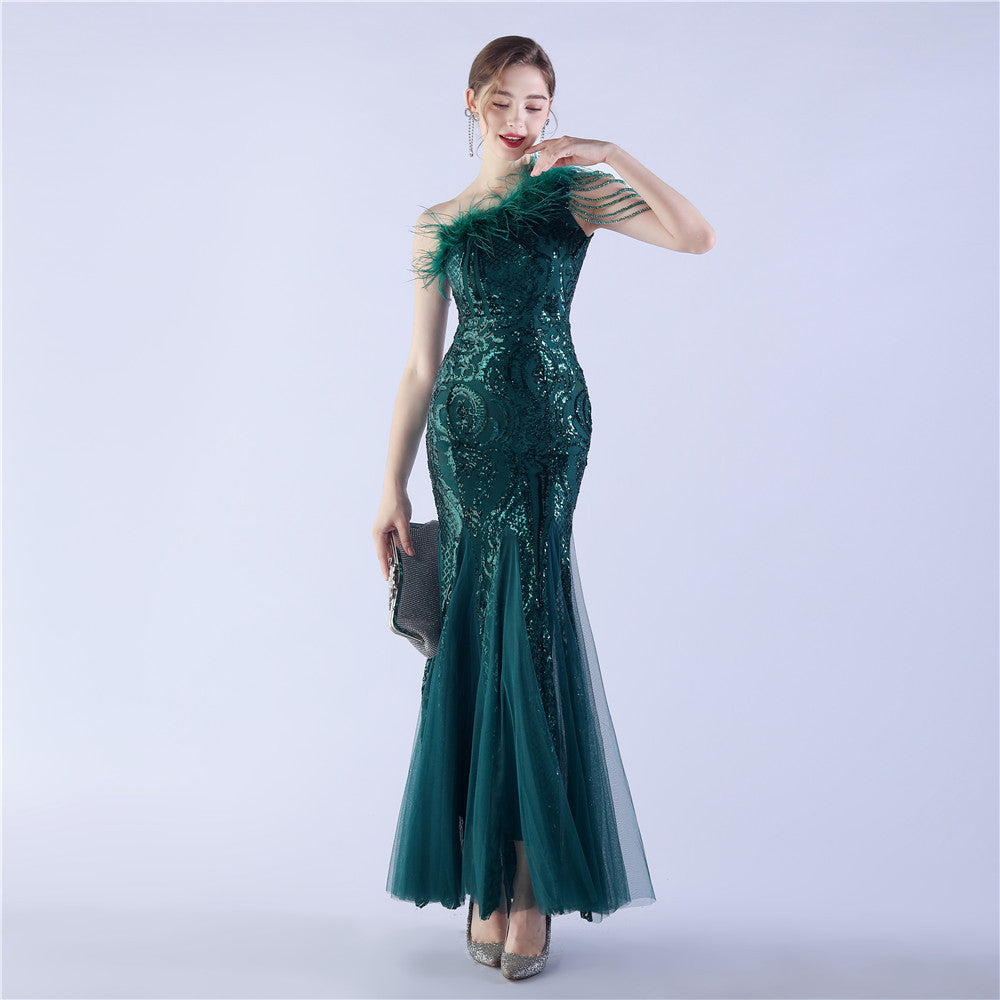 Beaded and Ostrich Fur Sequined Formal Dress