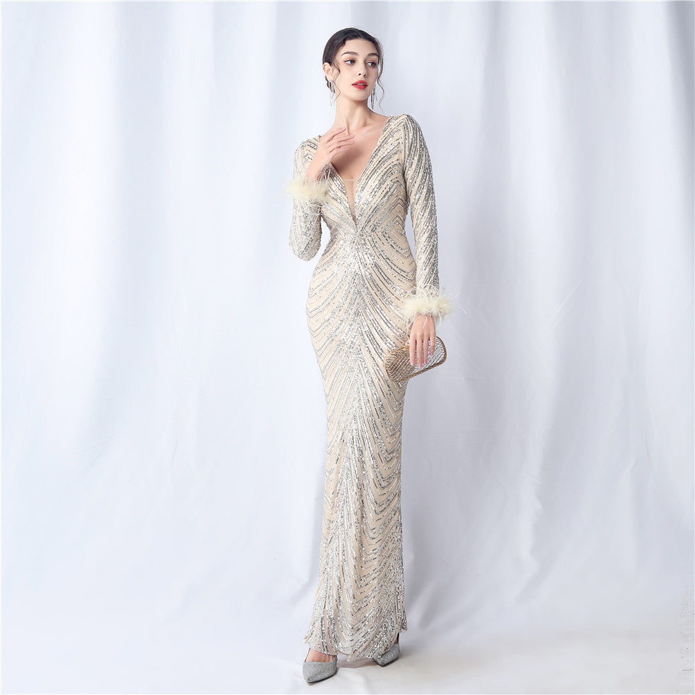 Ostrich Fur Long Sleeve Formal Dress