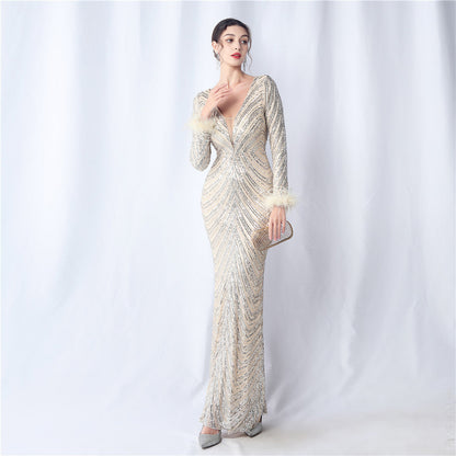 Ostrich Fur Long Sleeve Formal Dress