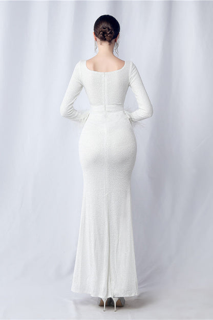 Ostrich Fur Long Sleeve Formal Dress
