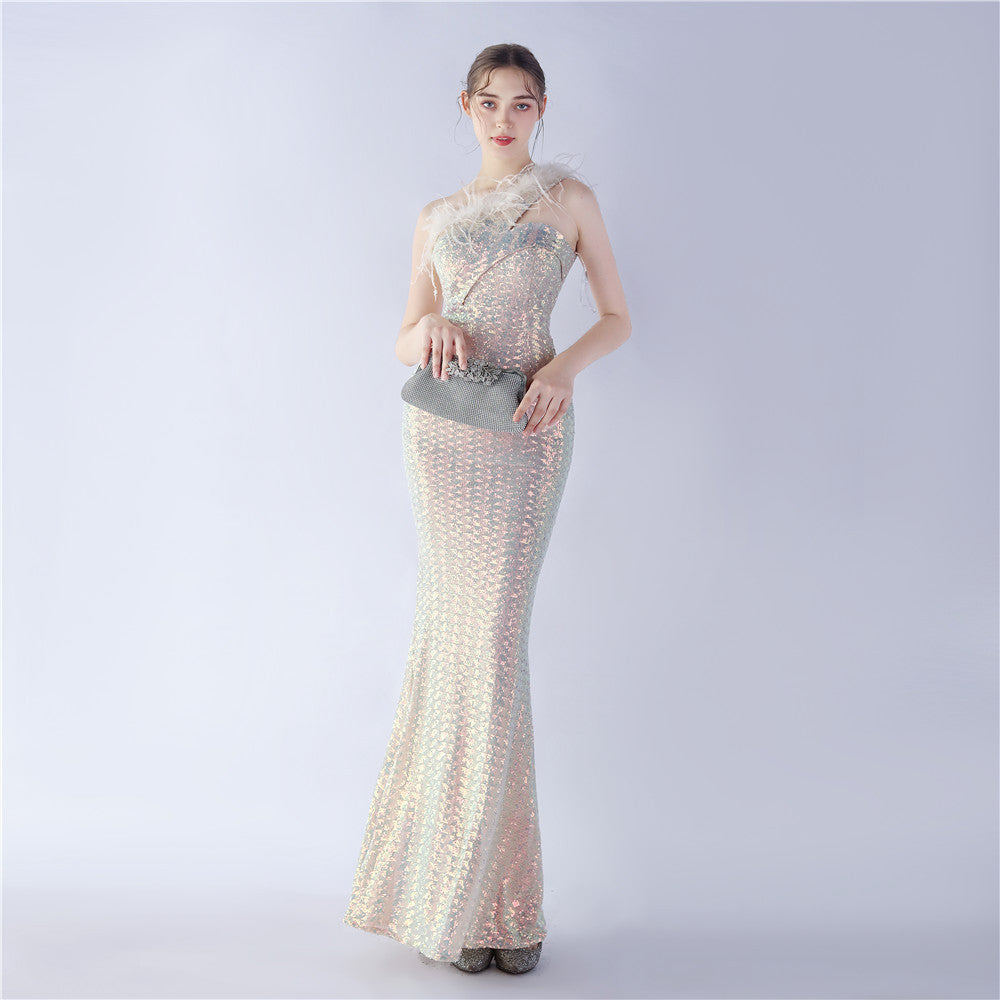 Ostrich Fur One-Shoulder Slant Neck Beaded Maxi Formal Dress
