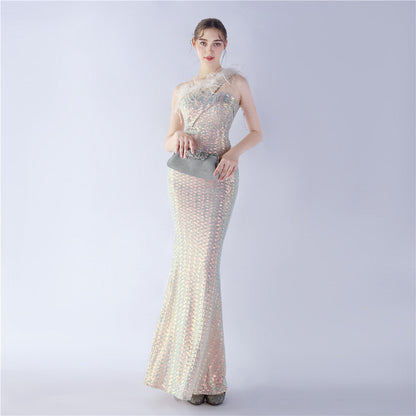 Ostrich Fur One-Shoulder Slant Neck Beaded Maxi Formal Dress
