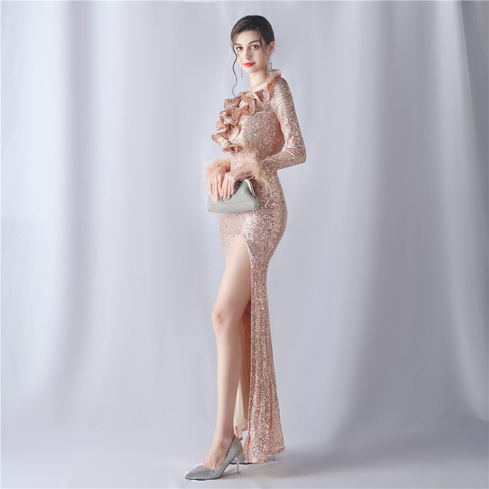 Ostrich Wave Beaded Formal Dress