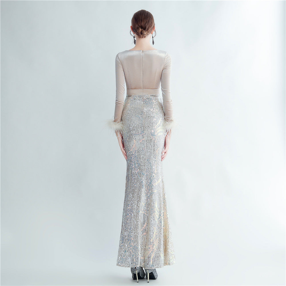 Ostrich Beaded Velvet Side Split Formal Dress
